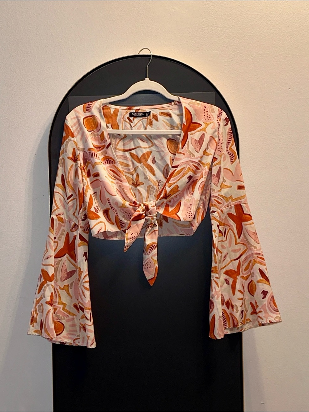Orange Print Tie-Front Crop Blouse